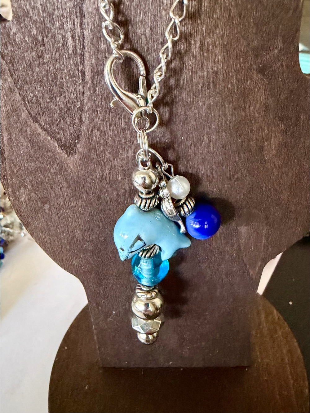 Blue Dolphin Bead Charm Necklace - Silver-Tone Chain